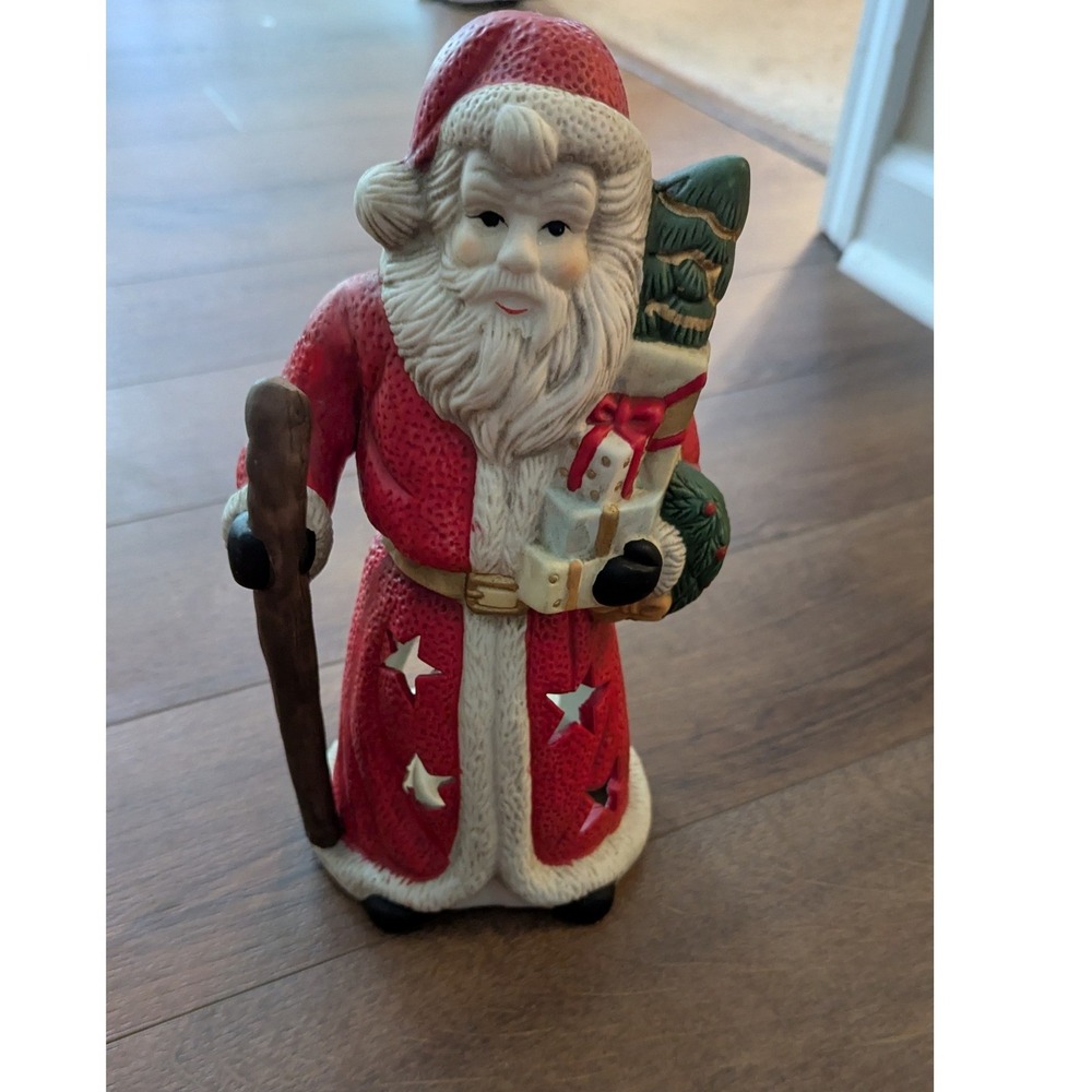 Vintage Ceramic Santa Claus Figurine Star Cutouts Christmas Luminary 10 Inch